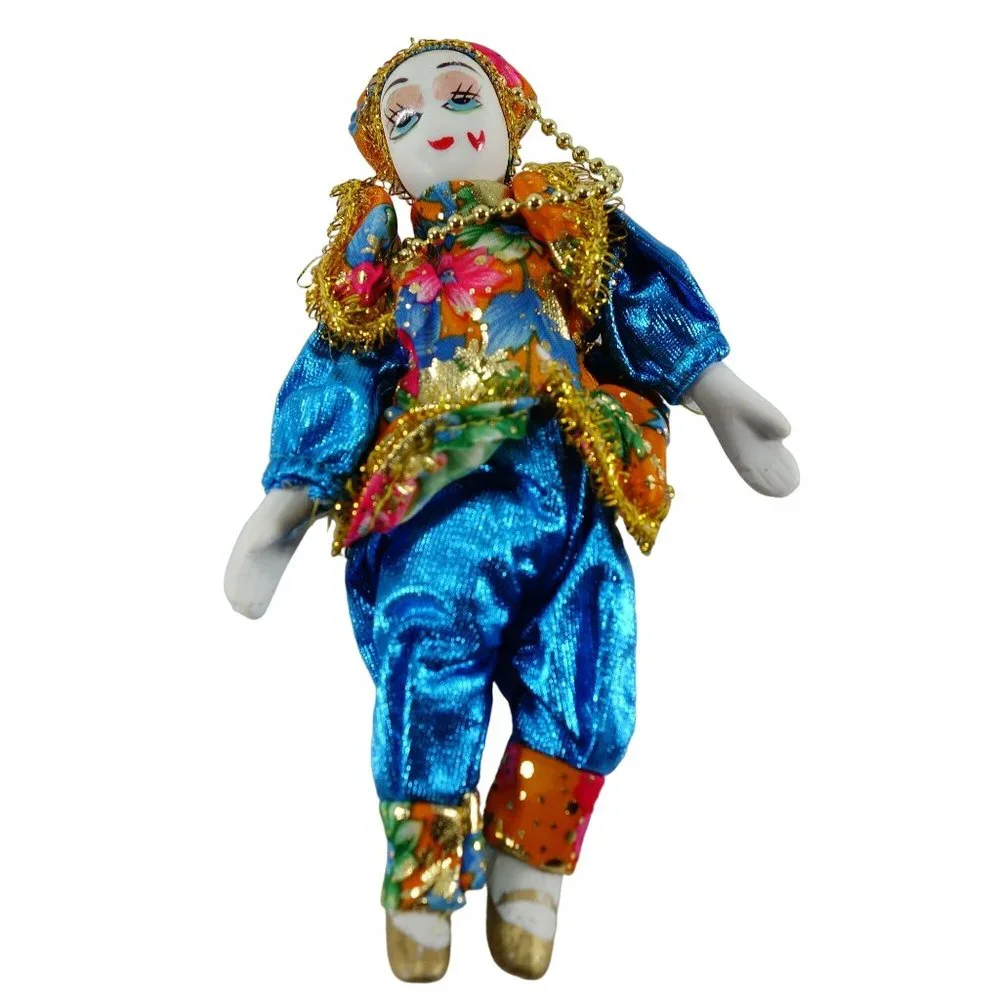 Porcelain and Fabric Small Collectible Harlequin Jester Doll Figures Set‎ of 2
